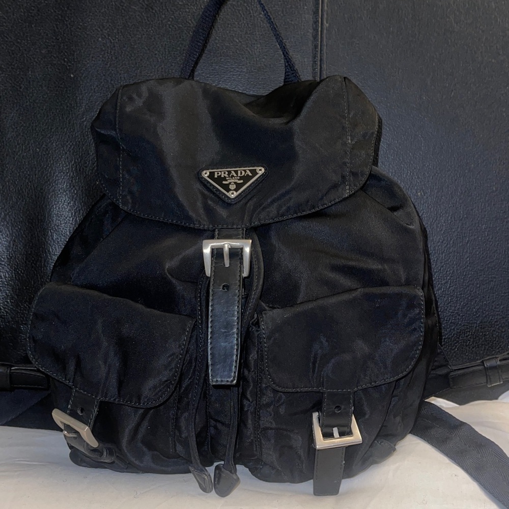 Black Vintage Prada Tessuto Nylon Backpack Unisex (Small Size) w/ AD COA